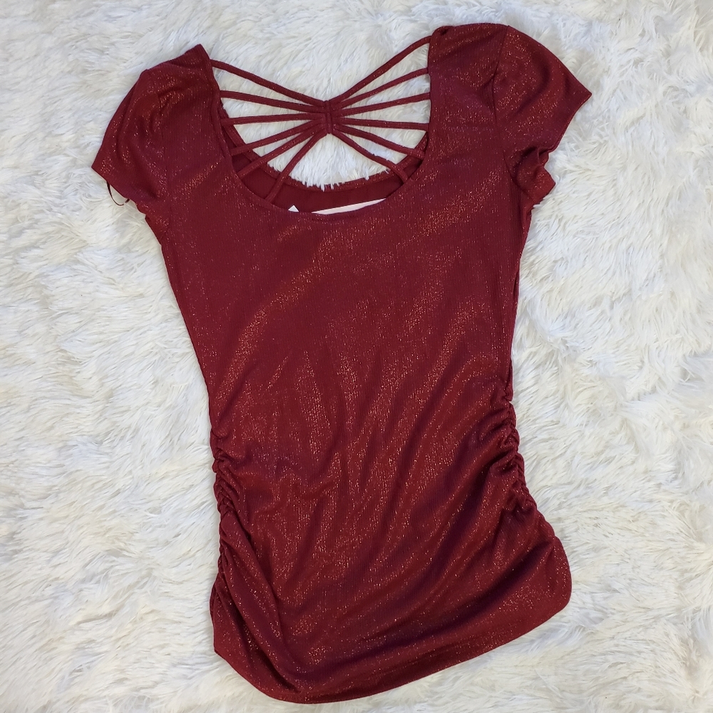 CANDIE'S BURGUNDY GOLDEN SHIMMER STRAPPY BACK TOP! - Picture 10 of 15